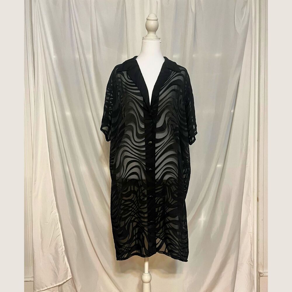 Vintage Italian Sheer Black Shirtdress in Swirl Pattern | Rare 1990s Vintage